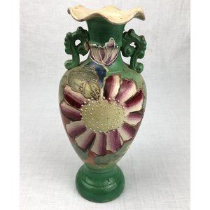 Vintage Moriage Floral Ceramic Vase - Green/Orange/Purple BOHO 10” Tall